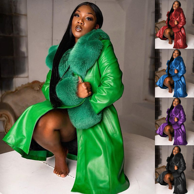 Women PU Fur Collar Lapel Long Coat