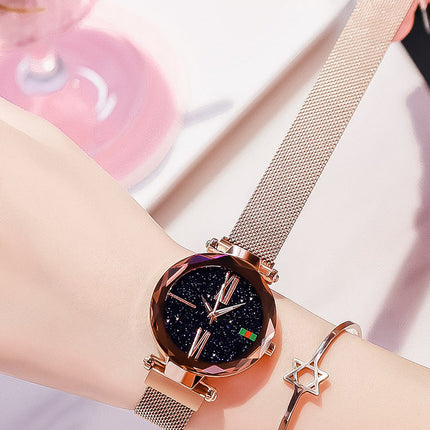 Women Luxury Watch Mesh Clock Magnet Buckle Starry Diamond Upishoppy