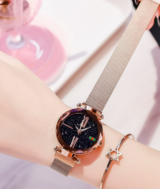 Women Luxury Watch Mesh Clock Magnet Buckle Starry Diamond Upishoppy