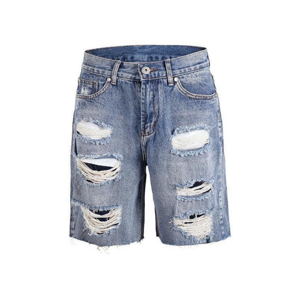 Short jeans Europe and America loose hipster OS knife cut hole ridge denim shorts men and women pants casual pants - Viva Vista Store