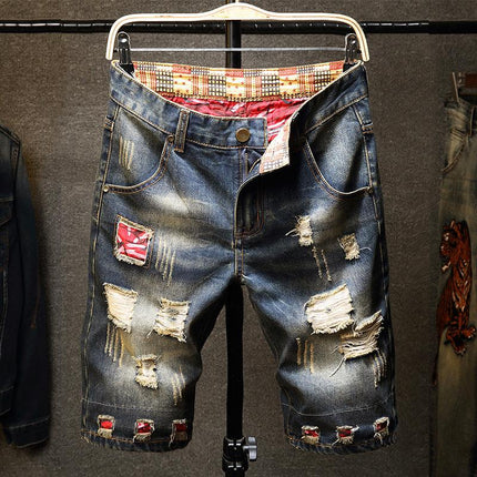 New summer foreign trade Europe and the United States men's denim shorts Retro Slim and broken rogue straight five pants short pants - Viva Vista Store