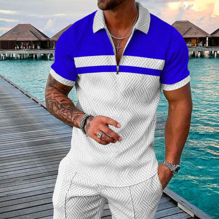 Men's Summer Fashion 3D Printed Short Sleeve Geometric Zip Lapel Shirt Set Upishoppy