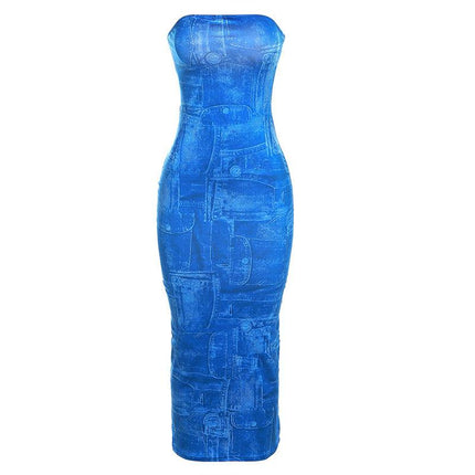 Women's Fashion 3D Denim Printing Bandeau Slim-fit Dress Upishoppy