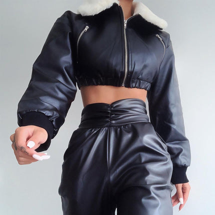 Lapel Fur Zipper Long-Sleeved Top Women's Clothing