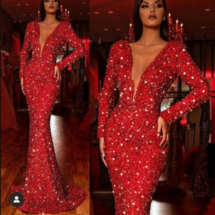 Elegant Red Sequin Fishtail Evening Dress