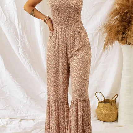 Khaki Floral Thin Straps Smocked Bodice Wide Leg Jumpsuit - Viva Vista Store
