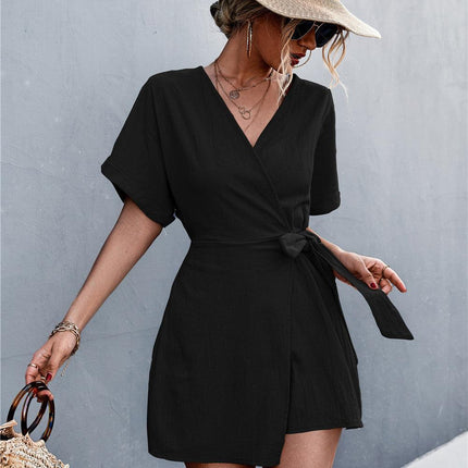 Tied Surplice Short Sleeve Romper - Viva Vista Store