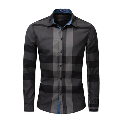 Men's Cotton Long Sleeve Color Matching Plaid Shirt Upishoppy