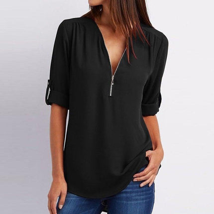 Plus Size Loose  3/4 Sleeve Zipper Blouse - Viva Vista Store