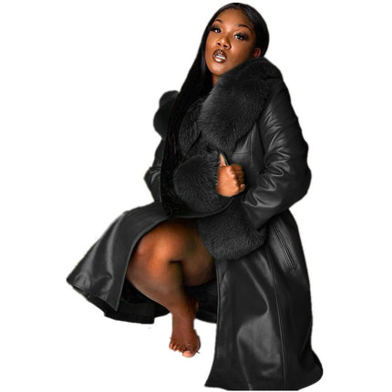 Women PU Fur Collar Lapel Long Coat