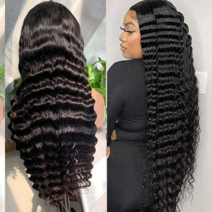 Natural Deep Rolled Wavy Human Hair Wig with 13x4 Lace Front - Real Person Wig Upishoppy