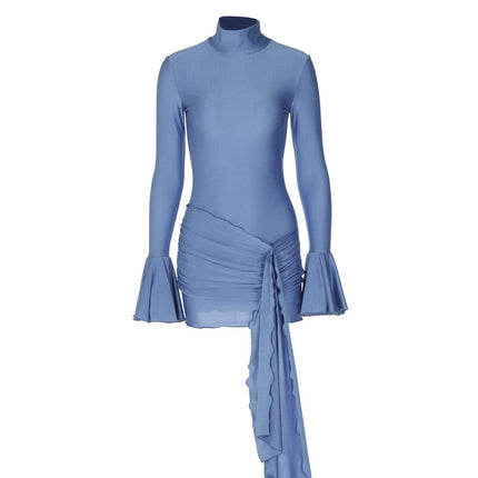 Pure Color Half Collar Bell Sleeve Sexy Skinny Hip Dress Upishoppy