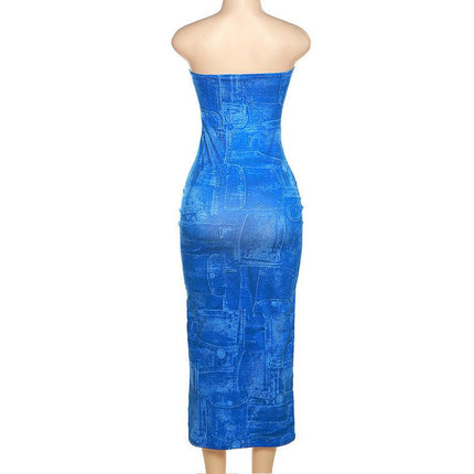 Women's Fashion 3D Denim Printing Bandeau Slim-fit Dress Upishoppy