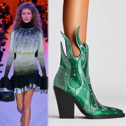 New Sexy Square Toe Heel Rhinestone Boots