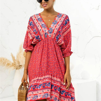 Printed Bohemian V Neck Dress - Viva Vista Store
