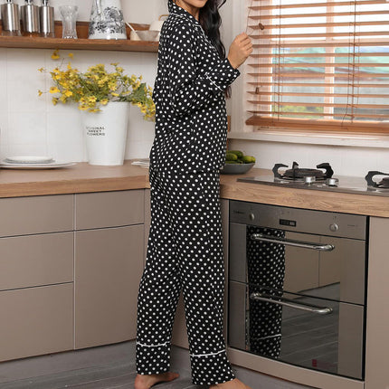Women's Polka Dot Printed Long-sleeved Shirt and Trousers Pajama Set for Autumn and Winter Upishoppy