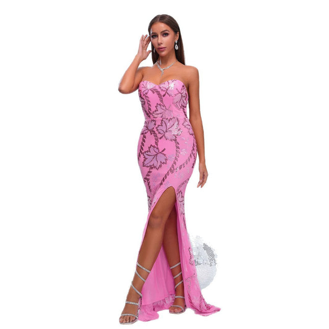 Wrapped Chest Off-neck Sequined Banquet Evening Dress Dropshipman
