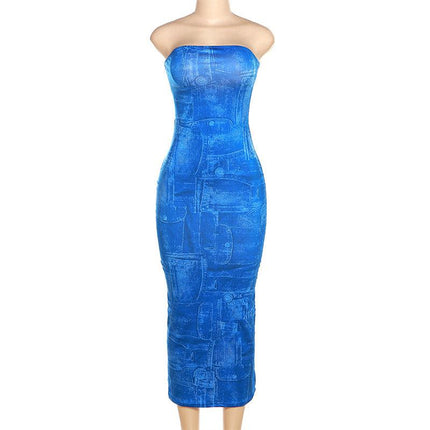 Women's Fashion 3D Denim Printing Bandeau Slim-fit Dress Upishoppy