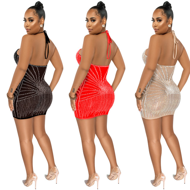 Sling Wrapped Chest Rhinestone Mesh Skirt Dress