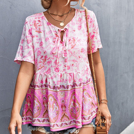 Bohemian Tie Front Peplum Top - Viva Vista Store