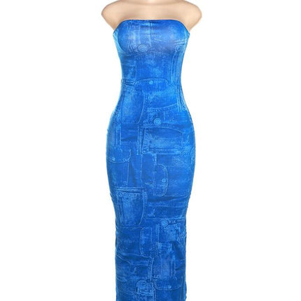 Women's Fashion 3D Denim Printing Bandeau Slim-fit Dress Upishoppy