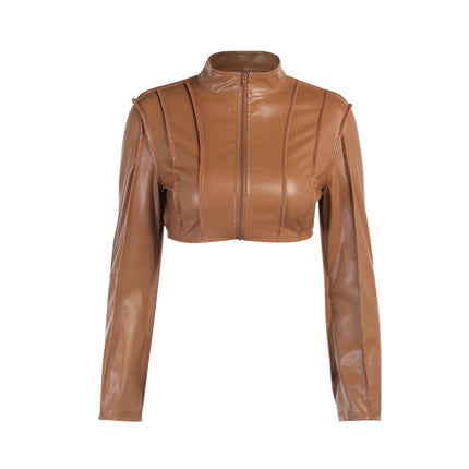 Long-sleeved Ultra-short Zipper Leather Jacket