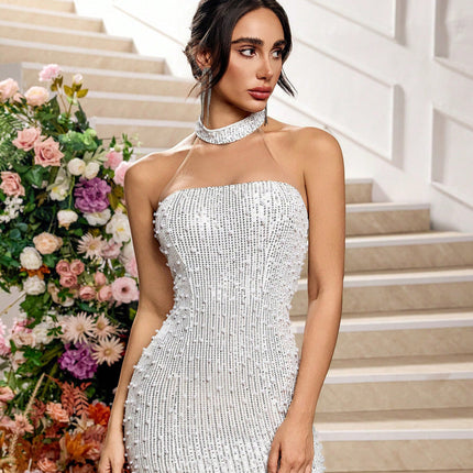 Fashion Solid Color Sexy Hollow-out Lace Evening Dress Dropshipman