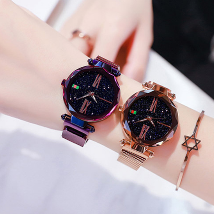 Women Luxury Watch Mesh Clock Magnet Buckle Starry Diamond Upishoppy