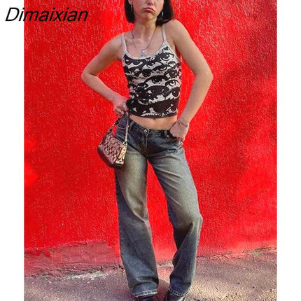 Dimaixian Portrait Print T-shirt Aesthetic Y2K Crop Tops Short Sleevle Vest Tees Harajuku Streetwear White Suspenders Women Clothes - Viva Vista Store