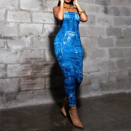 Women's Fashion 3D Denim Printing Bandeau Slim-fit Dress Upishoppy