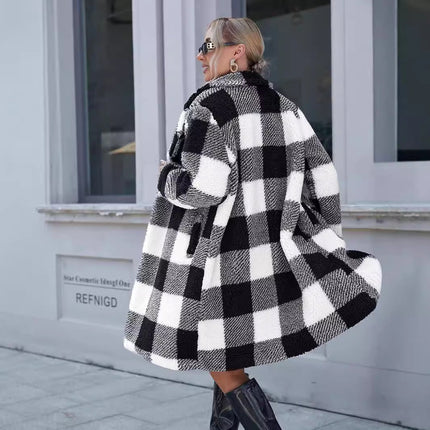 Women's Lapel Long Sleeve Non-buckle Plaid Long Coat Dropshipman