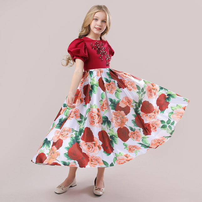 Vestido de princesa estampado de manga abullonada para niña