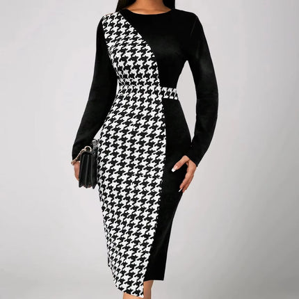 Multicolor Printing Cross Hem Neck Stripe Long Sleeve Dress