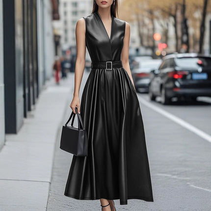 Fashionable Round Neck Sleeveless Belt Long Dress