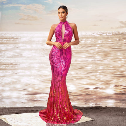 Round Neck Off-the-shoulder Sequined Evening Dress Dropshipman