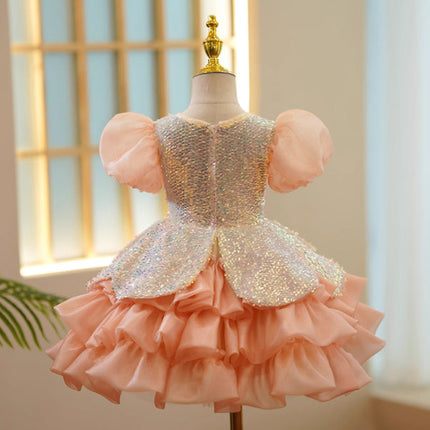 Girls Pure Color Sequins Puff Sleeve Princess Dress Dropshipman