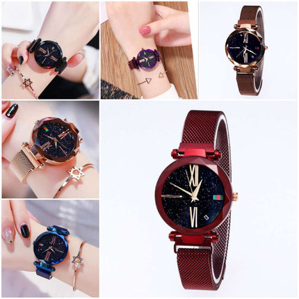 Women Luxury Watch Mesh Clock Magnet Buckle Starry Diamond Upishoppy