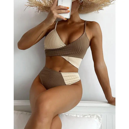 Patchwork Ribbed Ruched Crisscross Bikini - Viva Vista Store