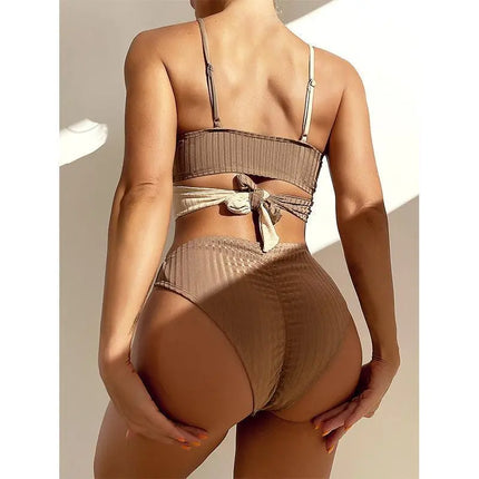Patchwork Ribbed Ruched Crisscross Bikini - Viva Vista Store