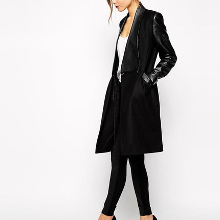 Europe and the United States autumn and winter cross-border women's new stitching PU skin long section repair woolen coat double-sided coat - Viva Vista Store