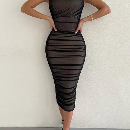 Mesh One-Shoulder Ruched Dress - Viva Vista Store