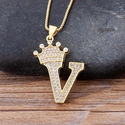 Nidin New Luxury Copper Zircon A-Z Crown Alphabet Pendant Chain Necklace Hip-Hop Style Fashion Woman Man Initial Name Jewelry - Viva Vista Store