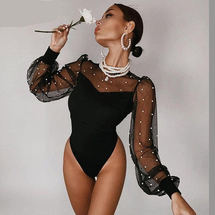 Voguable Mesh Pearl Patchwork Long Puff Sleeve Sexy Bodysuit Winter Women Fashion Streetwear Party Elegant Lady Romper - Viva Vista Store