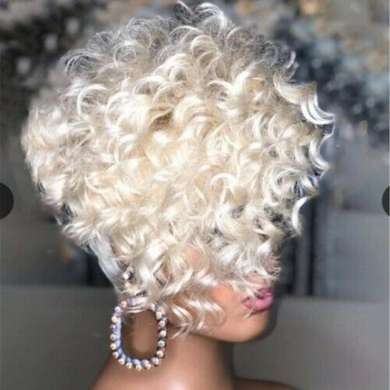 Short Platinum Blond Afro Curly Wave Pixie Cut Wig Synthetic Hair for Women Dress Party Full Wig - Viva Vista Store