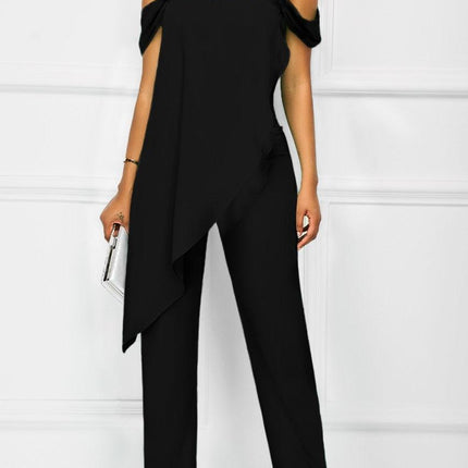 Women Casual Strap Open Back Overlay Jumpsuit Fashion Cold Shoulder Straight Leg Jumpsuit Plus Size Jumpsuits - Viva Vista Store