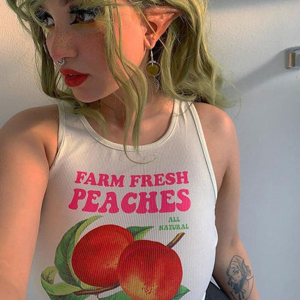 Top women bodycon peach print Y2k sleeveless pullover tanks camis sexy navel slim woman summer clothes grunge crop top vintage - Viva Vista Store