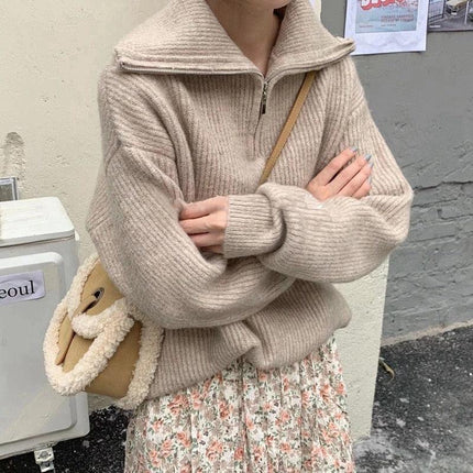 Zip Up Knitted Long Sleeve Sweater - Viva Vista Store