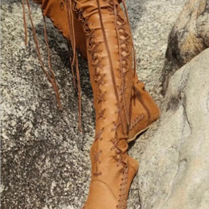 PU lace up high long boots round head Roman flat women shoes summer Martin boots ladies over the knee boots - Viva Vista Store