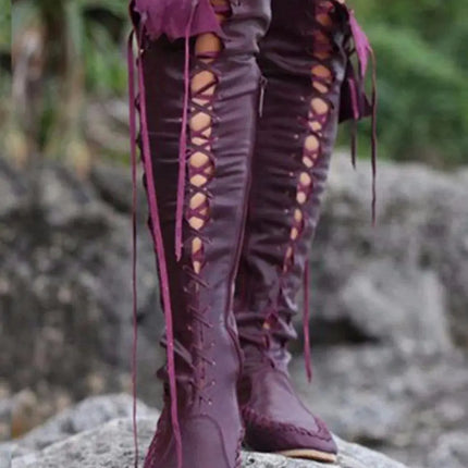 PU lace up high long boots round head Roman flat women shoes summer Martin boots ladies over the knee boots - Viva Vista Store