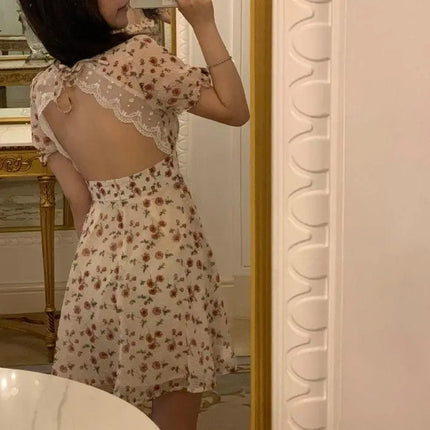 Pink Floral Backless Lace Mini Dress - Viva Vista Store